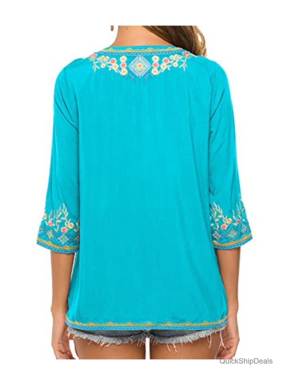 Mexican Embroidered Bohemian Tunic Top V-Neck 3/4 Sleeve Rayon Plus Size - Picture 6 of 6